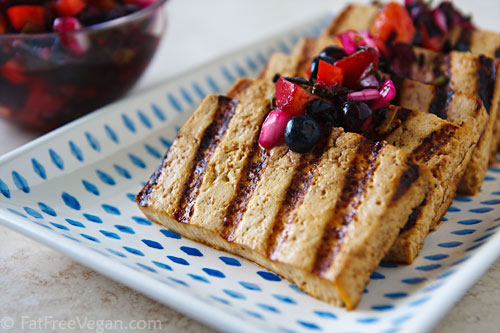 Grilled Tofu with Blueberry Peach Salsa via FatFreeVegan