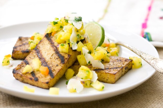 Grilled Jerk Tofu w/ Pineapple and Coconut Salsa via Peaceful Plate